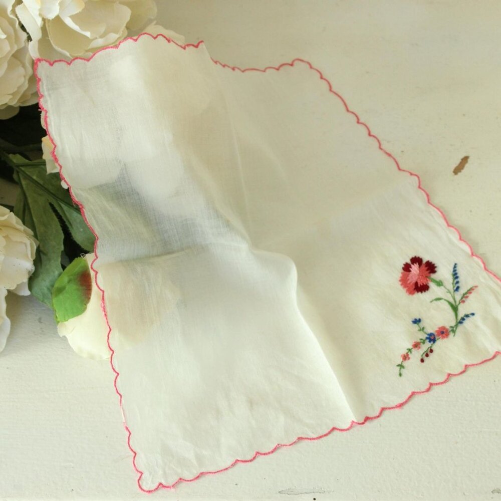 Vintage White Handkerchief, Embroidered Flower Cotton Hankie, Pocket Square